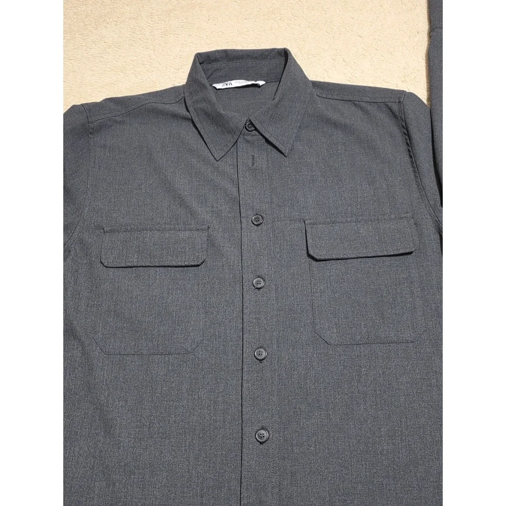 Zara Men's Charcoal Grey Long Sleeve Button-Down Utility Shirt